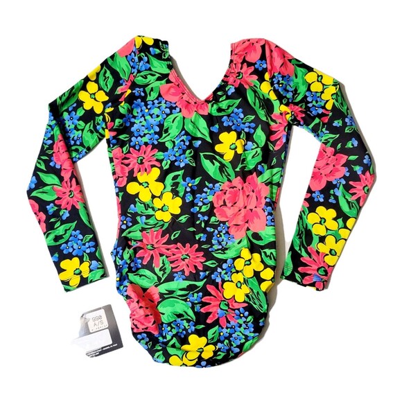 GK Elite AS Hawaiian Floral Scoop Neck Leotard VTG Long Sleeve Adult S, NWT - Picture 5 of 9